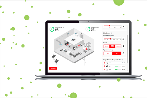 Een spaarvarken en elektriciteitssymbool boven een stad, symbool voor energiebesparing in gebouwen | Danfoss Drives | Gamification | Online Tool