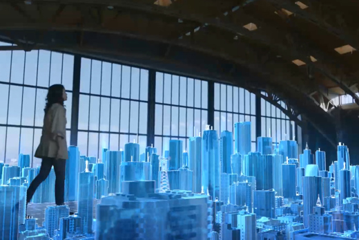 Girl walking in virtual city