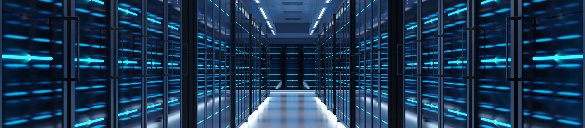 Wide image of a data center server room