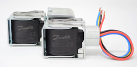 Product photo of the Danfoss BT and BU dual voltage/dual frequency solenoid valve coils for HVACR