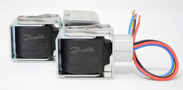 Product photo of the Danfoss BT and BU dual voltage/dual frequency solenoid valve coils for HVACR
