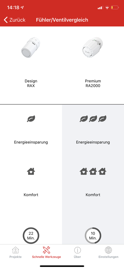 Danfoss-App für Installateure TRV-Vergleich