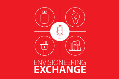 Red logo for the EnVisioneering Exchange podcast featuring a white icon for refrigerants, electrification, building efficiency and a microphone