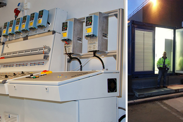 Image parted in two with a row of drives on the left and a man wearing a safety jacket on the right