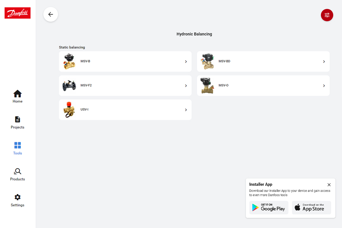 Hydronic balancing tool for static balancing valves Software tools