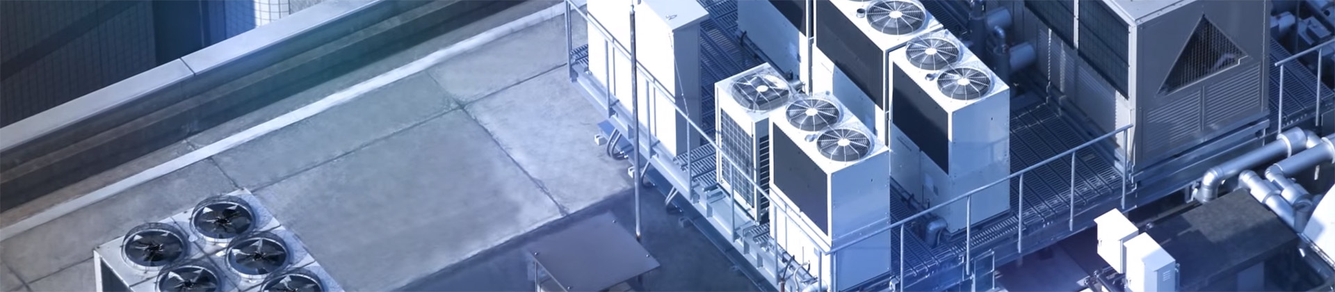 Variable speed video screen grab of rooftop units on a commercial building