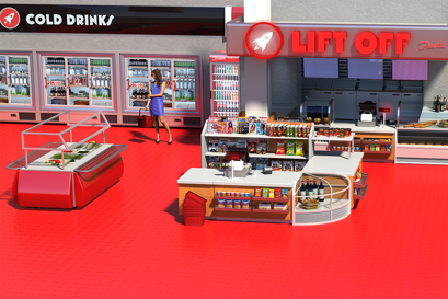 Danfoss solutions for commercial refrigeration presented through an animated convenient store with red accents, cause... Danfoss