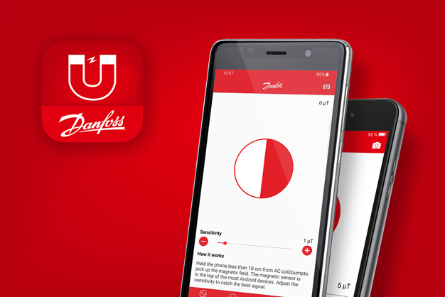 Magnetic Tool icon and app running on a phone with a red background with water and ice accents