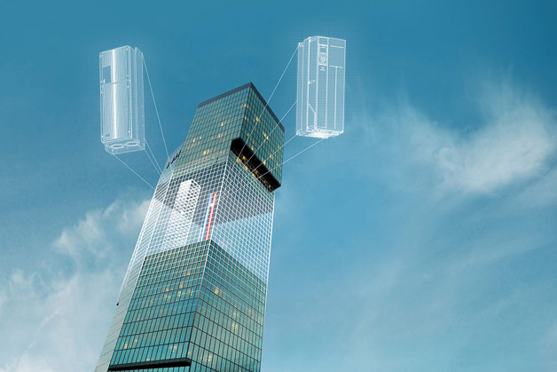 Looking up at a single skyscaper on a clear blue day with x-rays of Danfoss products appearing