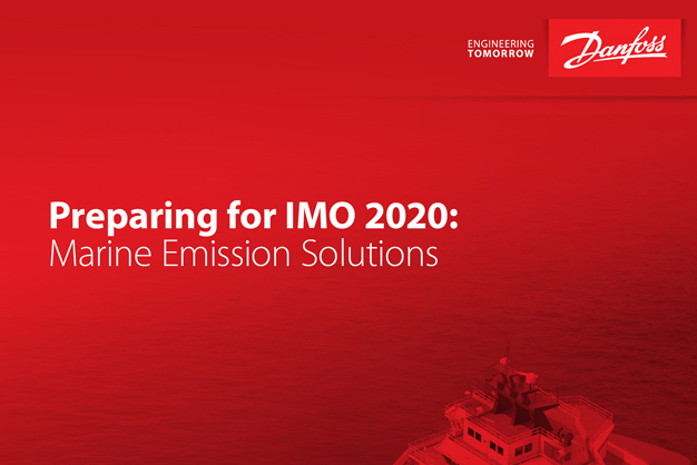 A red backdrop featuring the Danfoss logo and the words "Preparing for IMO 2020: marine emission solutions"