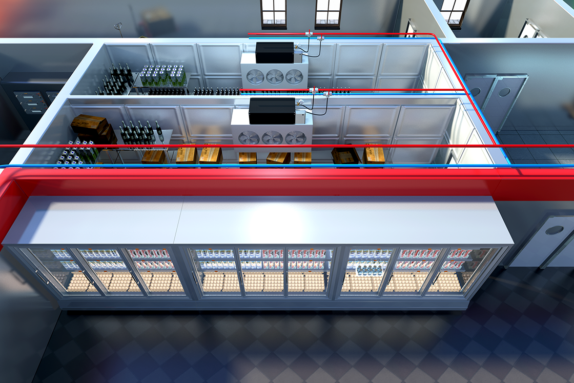 The same animated image of the semi plug-in systems in supermarkets but from a different angle