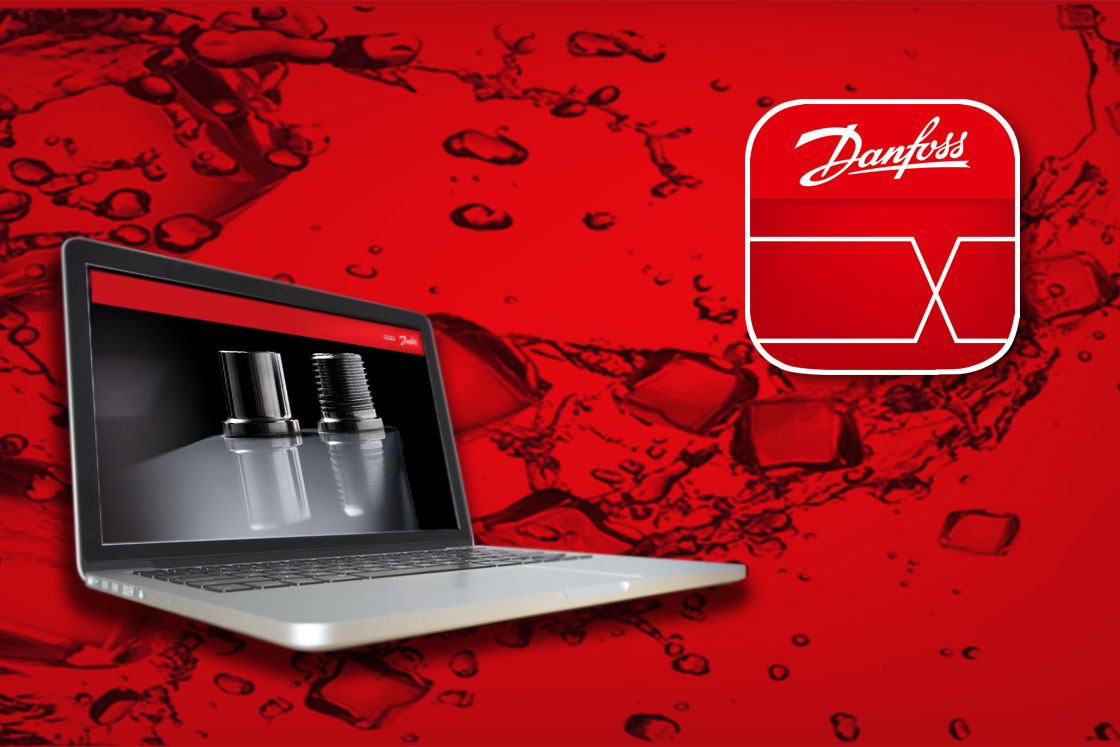 Danfoss Hexact heat exchanger design software app icon next to a laptop featuring the software on the red Danfoss background with ice and water splash effect