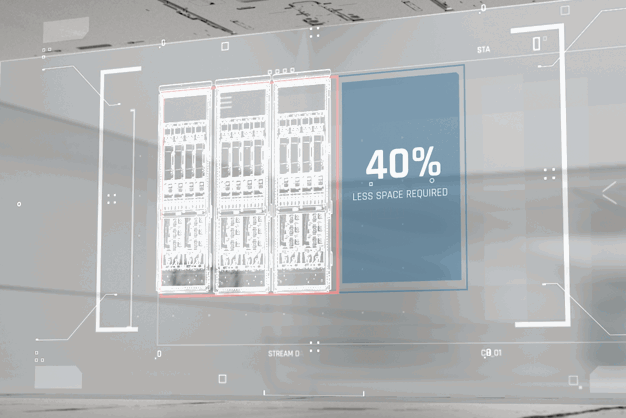 Illustrasjon av tre iC7-omformere og teksten "40 % mindre plassbehov"