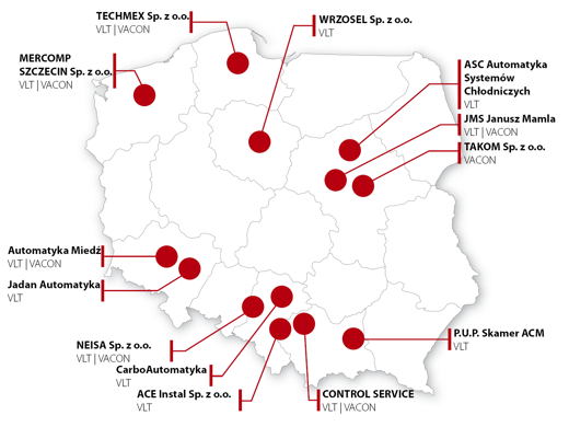 Mapa partnerów serwisowych Danfoss Drives