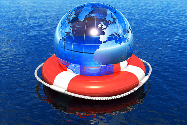 The Globe sitting in a lifebuoy on a body of water