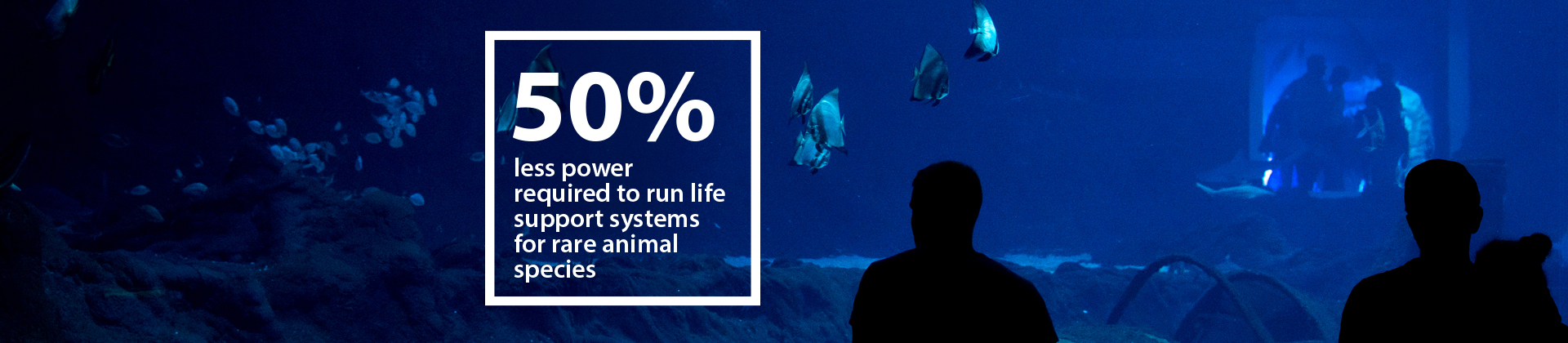 A large aquarium and the words "50% less power required to run life support systems for rare animal species"