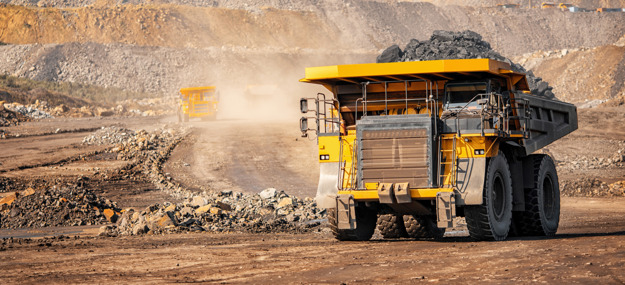 Open pit mine industry, big yellow mining truck for coal