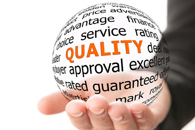 Hand holding a see through ball with "quality" written on it