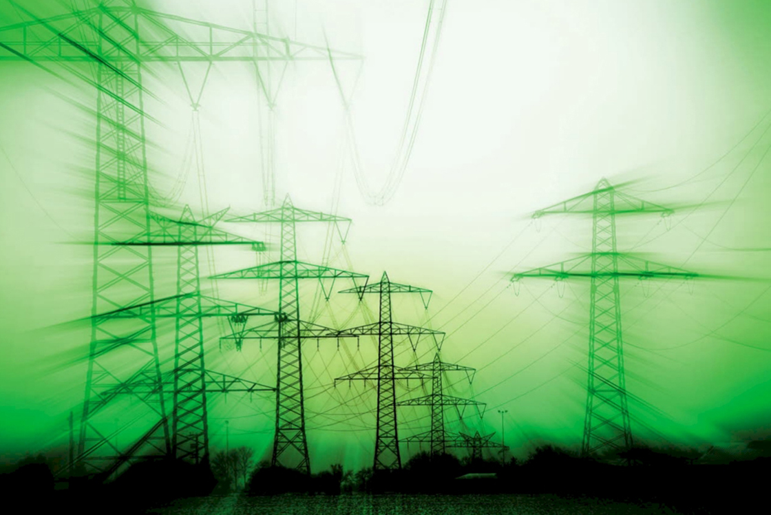 Transmission towers with a green filter over