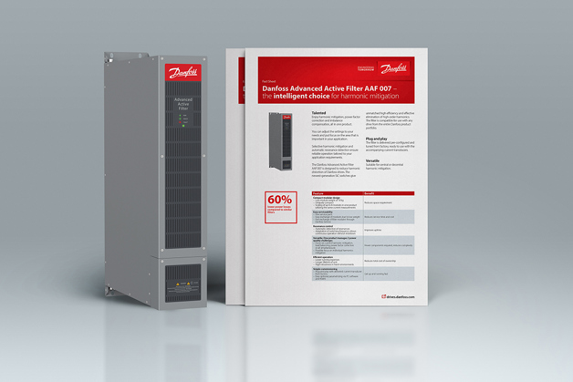 Danfoss Advanced Active Filter 007 ved siden af det tilhørende factsheet