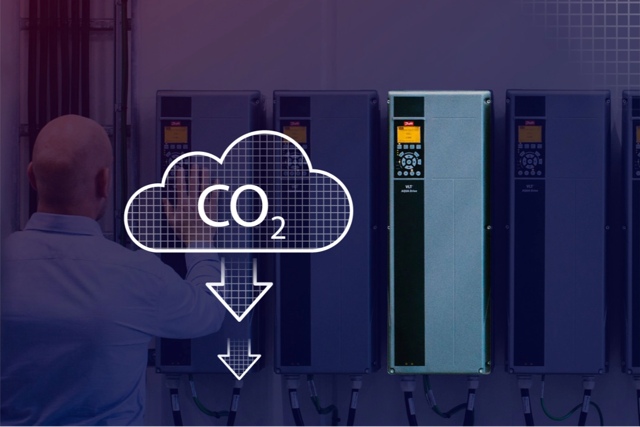Picture of a drive next to an illustration of CO2 in a cloud and an arrow pointing down