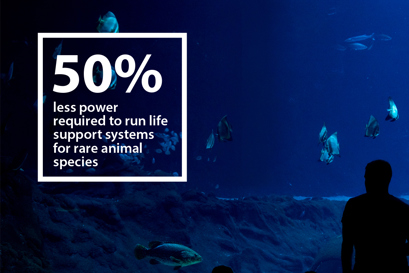 A large aquarium and the words "50% less power required to run life support systems for rare animal species"