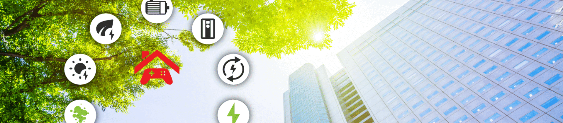 Elektriciteitssymbolen boven een stad, symbool voor energiebesparing in gebouwen