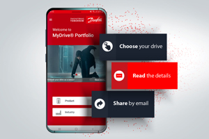 Danfoss MyDrive® Portfolio 앱을 보여주는 휴대폰