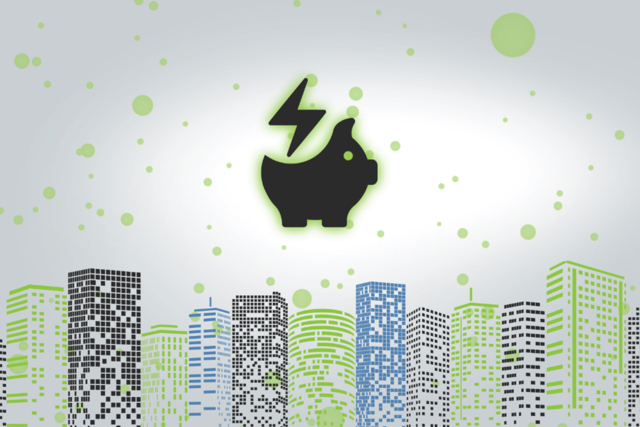 Sparschwein über stilisierten Hochhäusern - ROI mit Energieeffizienzmaßnahmen